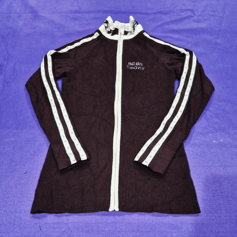 Bebe Sport Crystals Logo Chocolate Brown/White Stripes Turtleneck Sweater-Small.